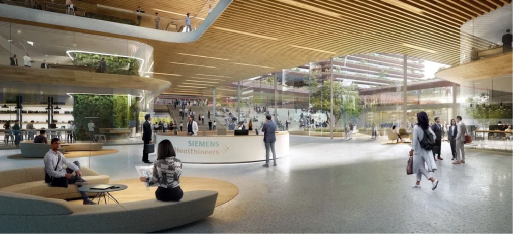Siemens Healthineers Innovation Hub open workspace designed for collaboration, featuring modern architecture and digital innovation.